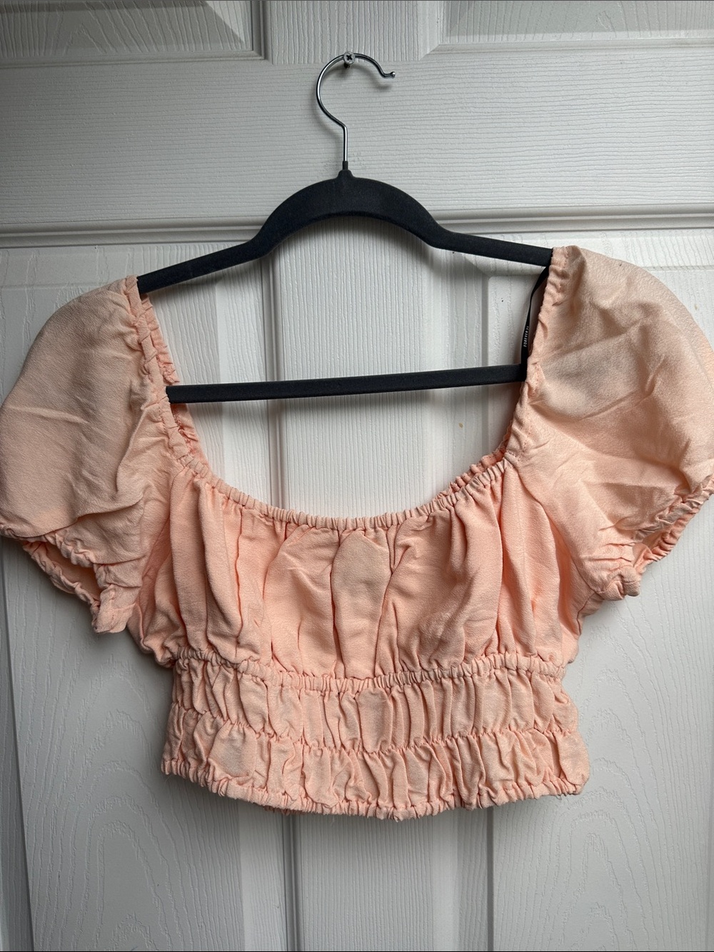 Forever 21 Peach Puff-Sleeve Smocked Crop Top